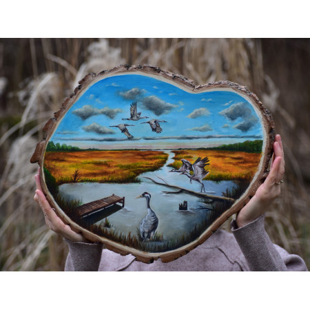 Żurawie, obraz akrylowy na plastrze drewna .