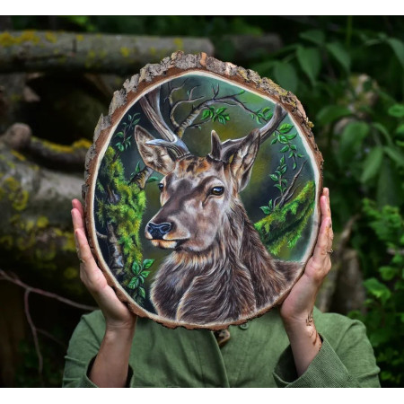 Jeleń, obraz na plastrze drewna , obraz akrylowy , jeleń , las , portret Jelenia