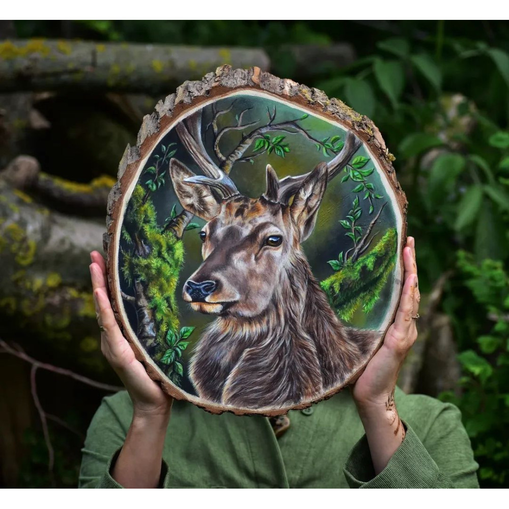 Jeleń, obraz na plastrze drewna , obraz akrylowy , jeleń , las , portret Jelenia