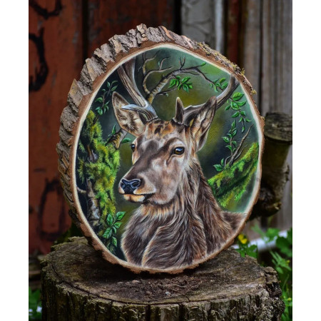 Jeleń, obraz na plastrze drewna , obraz akrylowy , jeleń , las , portret Jelenia