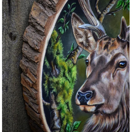 Jeleń, obraz na plastrze drewna , obraz akrylowy , jeleń , las , portret Jelenia