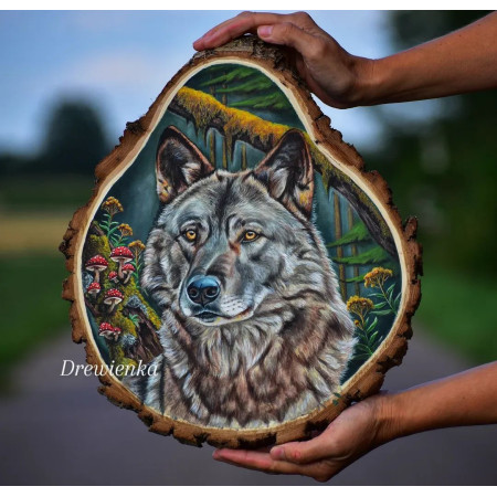 Wilk , ręcznie malowany , akrylowy obraz na plastrze drewna